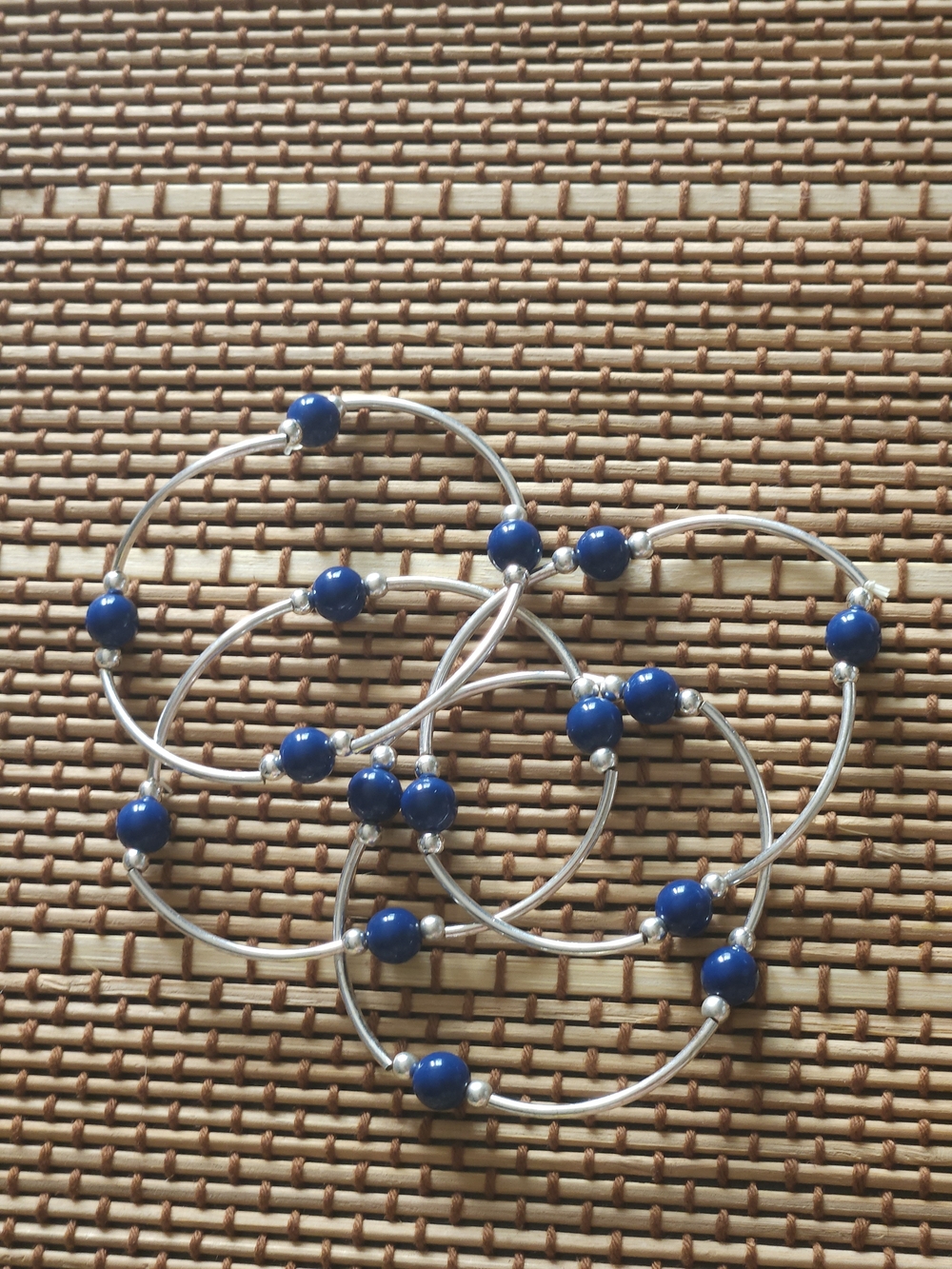Four Blue Beaded Silver-Tone Stretch Bracelet Set - Women Jewelry